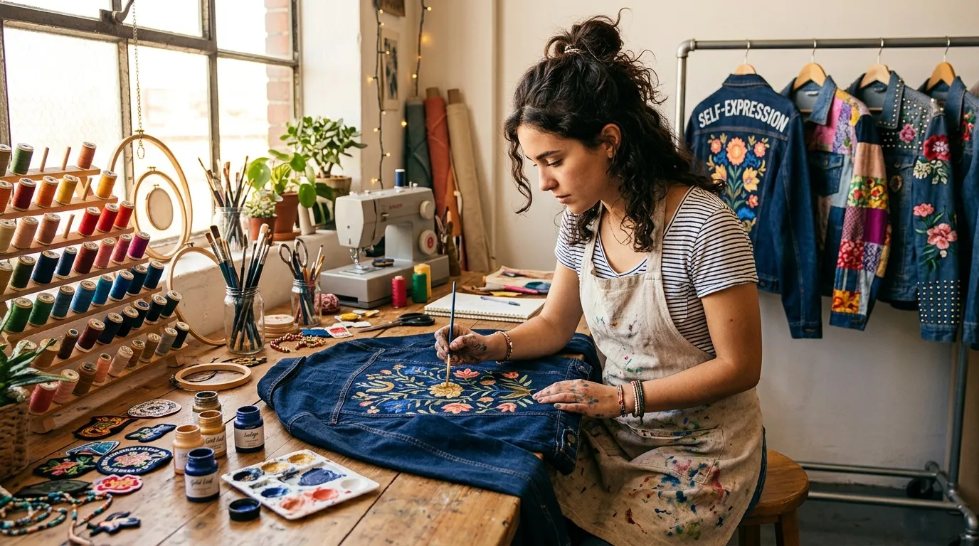 Artisane brodant un vêtement en denim Femme créative brodant des motifs florés sur un jean dans son atelier